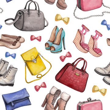Watercolor handbag and shoes illustrations. Seamless pattern