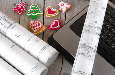 architect blueprints project and christmas gingerbread