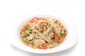 Papaya salad (Som Tam) Thai cuisine spicy delicious on white