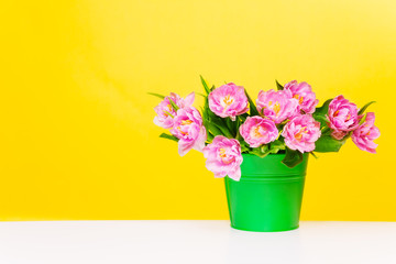 Green pot with pink flowers on yellow background