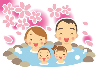 春　温泉を楽しむ家族