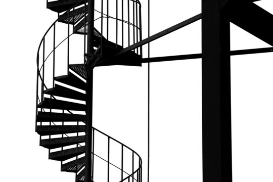 Spiral stairway structure, black and white.