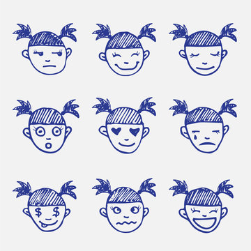 Vector hand drawn doodle emoticons set. Girl's head emotions