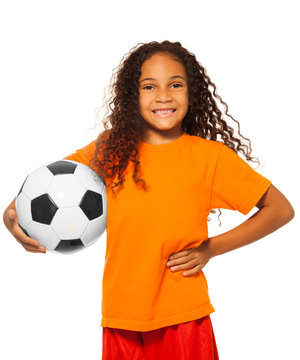 Little African Girl Holding Soccer Ball Isolated