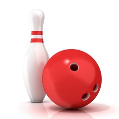 Bowling Ball and pin with red stripes isolated on white backgrou