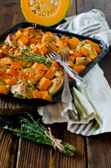 Pumpkin and chicken baked in cream with thyme