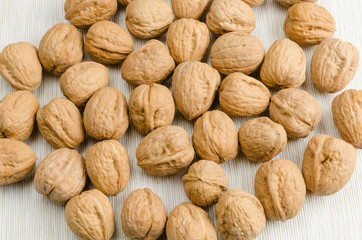 walnut on table cloth, close up