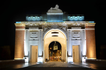 Illuminated menin gate in belgian city ypres/ieper.
