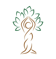 Yoga emblem with abstract tree pose isolated on white background