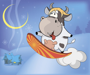 Snowboarding cow cartoon