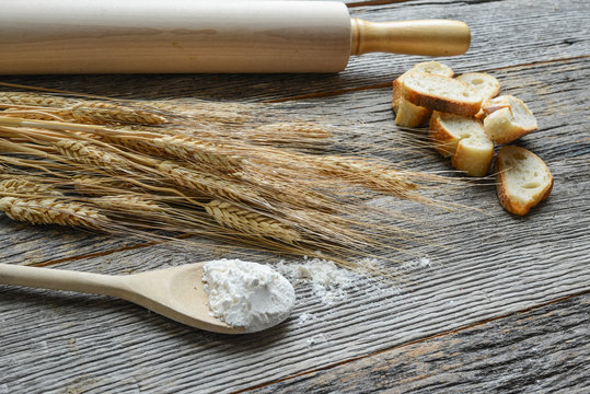 Rolling Pin with Wheat, Flour and Bread