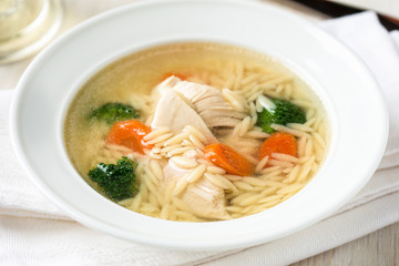 Chicken soup with vegetables and orzo