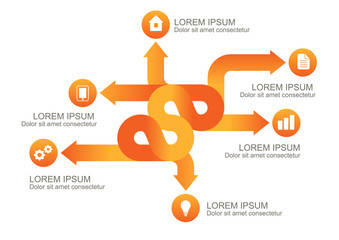 Infographic orange arrows with round icons, vector background te