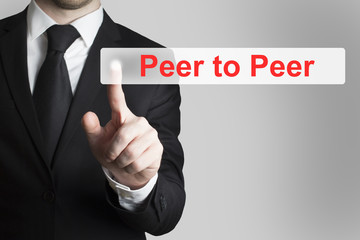 businessman pushing flat touchscreen peer tp peer