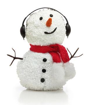 Snowman in earphones and red scarf
