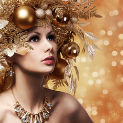 Christmas Fashion Girl with Decorated Hairstyle. Portrait