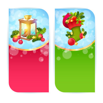 Christmas banners with woolen stocking and candle lantern
