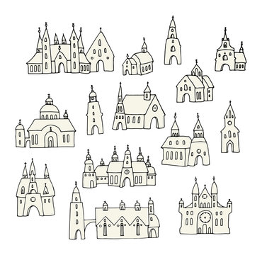 Cartoon hand drawing churches, vector