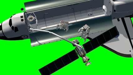 Space Shuttle Astronauts work at a satelite - green screen