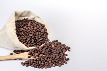 wooden spoon on a background of a full bag of coffee beans