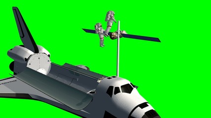 Space Shuttle Astronauts work at a satelite - green screen