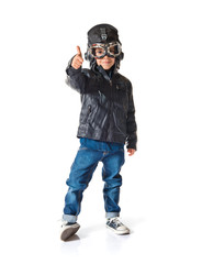 Kid dressed as aviator with thumb up
