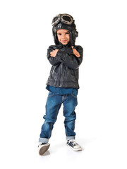 Kid dressed as aviator with his arms crossed