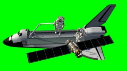 Space Shuttle Astronauts work at a satelite - green screen