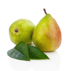 Pears and Green Leaves Isolated on White Background.