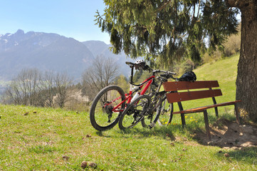 Fototapeta na wymiar vélos posée près d'un banc en montagne