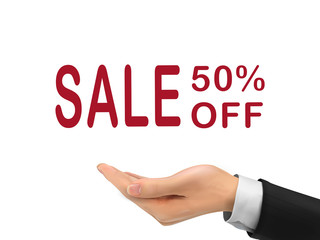 sale 50 percent off holding by realistic hand