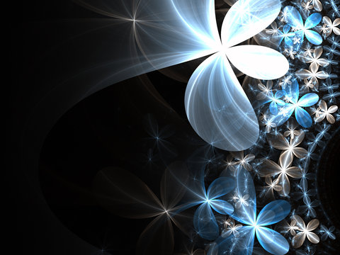 Shiny Silver And Blue Fractal Flowers, Digital Artwork