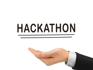 hackathon word holding by realistic hand