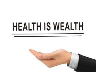 health is wealth words holding by realistic hand