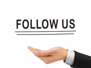 follow us words holding by realistic hand