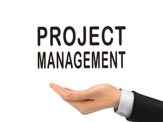 project management words holding by realistic hand