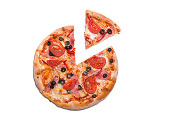 Delicious pizza with ham, tomatoes, and olives with a slice remo