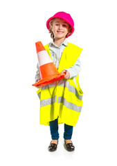 Blonde little girl dressed like workman