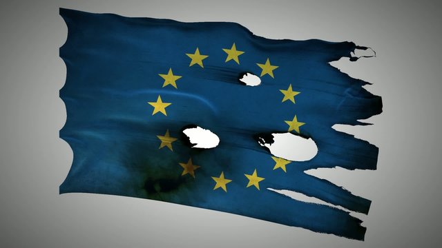 European Union perforated, burned, grunge waving flag loop alpha