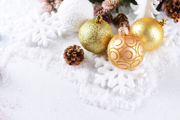 Fototapeta na wymiar Christmas composition on snow close-up