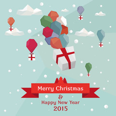 Christmas background with balloons, clouds and gifts