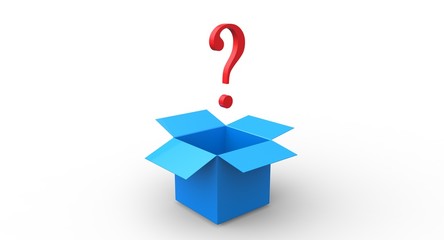 3D red exlamation question mark blue open box