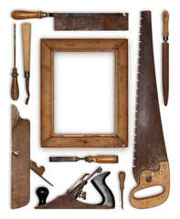 collage work wood tools carpenter forming a frame