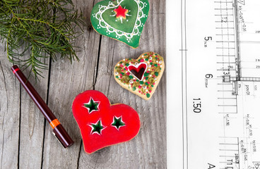 architect blueprints project and christmas gingerbread