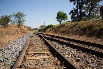 Obraz premium Old overgrown used railway tracks intersection merge