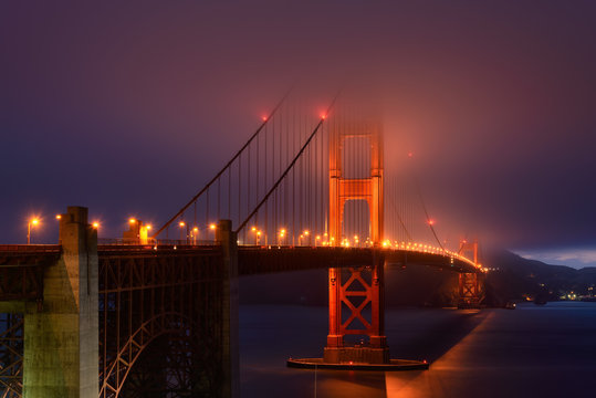 Illumination in fog, Golden Gate bridge, San Francisco