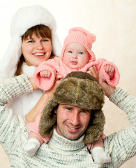 happy family in a warm fur hat. winter season.