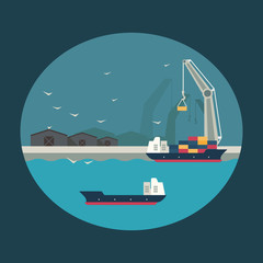 Cargo ship loading containers on board. Infographic illustration - 74197691