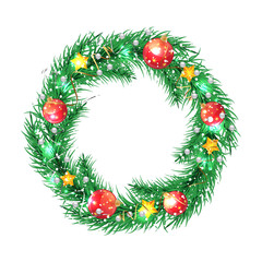 Fototapeta na wymiar Green christmas tree wreath with Christmas decorations.