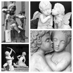falling in love collage - images of playing and kissing cupids
